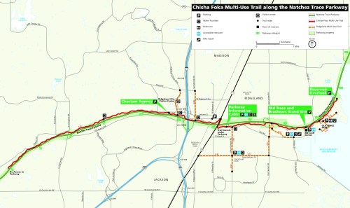 Map of the Chisha Foka Multi-Use Trail along the Natchez Trace Parkway, showing trails, roads, and points of interest.