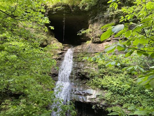 A serene waterfall cascading down rocky terrain, surrounded by lush green foliage and a cave entrance above.