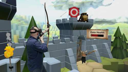 A person in a VR headset aims a bow and arrow at a target on a castle wall in a colorful, animated environment.