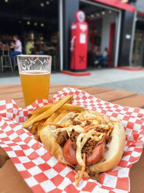 A hot dog topped with pulled pork and coleslaw, served with fries and a glass of beer on a picnic table.