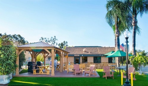 A sunny outdoor area with a gazebo, picnic tables, and palm trees near a building, featuring green grass and umbrellas.