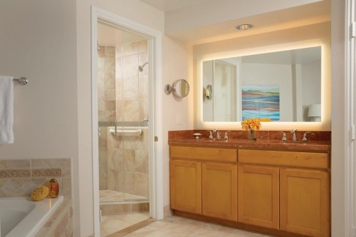 Bright bathroom featuring a wooden vanity, large mirror, and a glass shower, with decorative flowers on the counter.