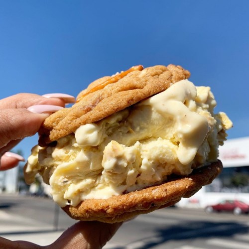 A hand holding a large cookie sandwich filled with creamy ice cream against a sunny outdoor backdrop.