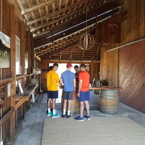 A group of four people stands around a wooden table in a rustic barn, discussing wine near barrels.