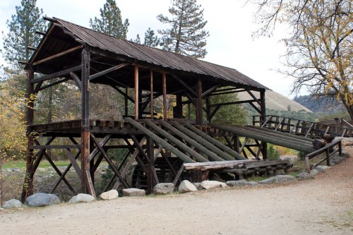 A wooden structure with a sloped ramp, surrounded by trees and a gravel path, set in a natural landscape.