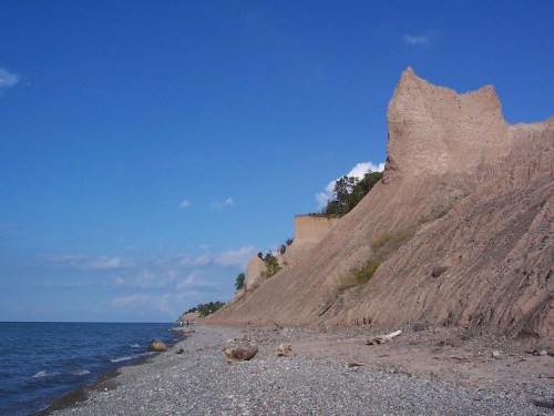 A rocky shoreline with steep cliffs under a clear blue sky, featuring sparse trees along the cliff edges.