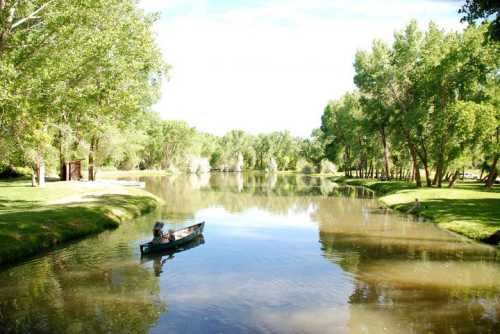 A person in a small boat paddles on a calm river surrounded by lush green trees and a clear blue sky.