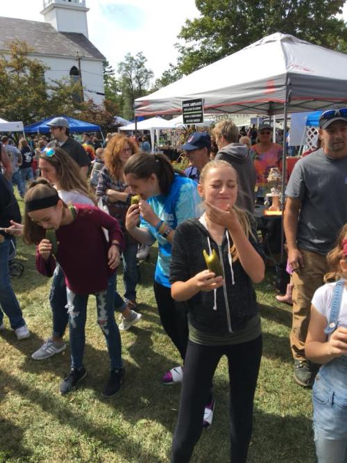 A lively outdoor festival scene with people enjoying food, laughing, and socializing under colorful tents.