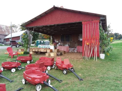 A red barn with a market stand, surrounded by red wagons and crates, set in a grassy field with sunflowers.
