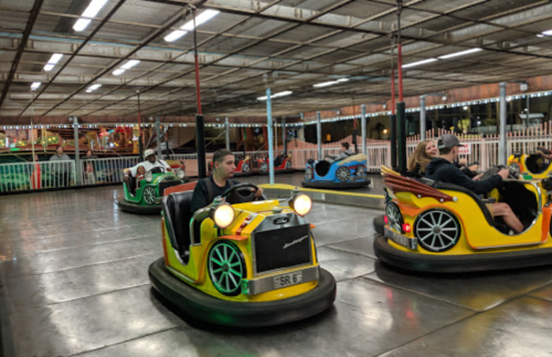People enjoying bumper cars at an amusement park, with colorful vehicles and festive lights in the background.