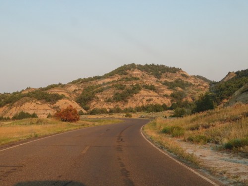 A winding road leads through grassy fields and rolling hills under a clear sky.