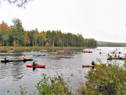 A group of kayakers paddles on a calm lake surrounded by autumn-colored trees.