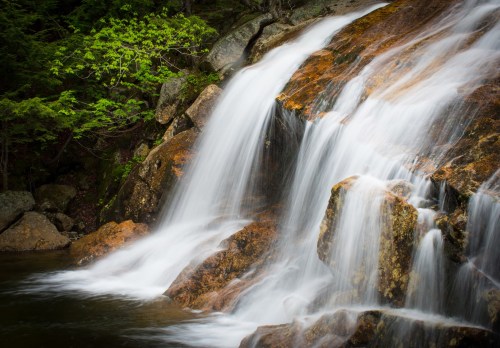 A serene waterfall cascading over rocks, surrounded by lush green foliage.