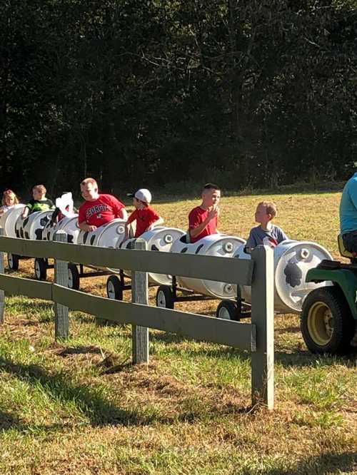 Children enjoying a barrel train ride on a sunny day, lined up behind a wooden fence in a grassy field.