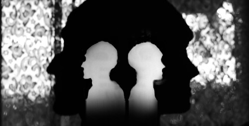 Silhouettes of two heads facing each other against a lace background, creating a striking contrast in black and white.