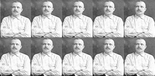 A grid of ten identical black-and-white portraits of a man with a mustache, wearing a collared shirt, arms crossed.