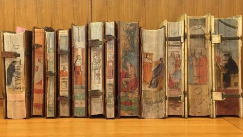 A row of old, colorful books with illustrated spines, some secured with leather straps, against a wooden background.