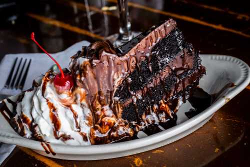 A slice of rich chocolate cake topped with whipped cream, chocolate sauce, and a cherry, served on a white plate.