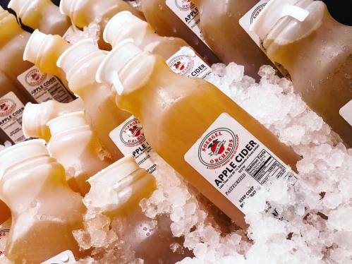 Bottles of apple cider on ice, featuring labels with the text "Apple Cider" and a logo.