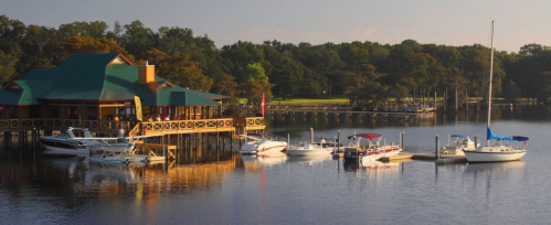 A lakeside dock with several boats and a colorful building surrounded by trees under a clear sky.