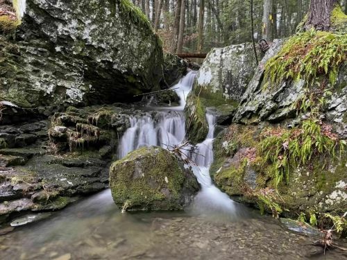 A serene waterfall cascades over moss-covered rocks in a lush forest setting.
