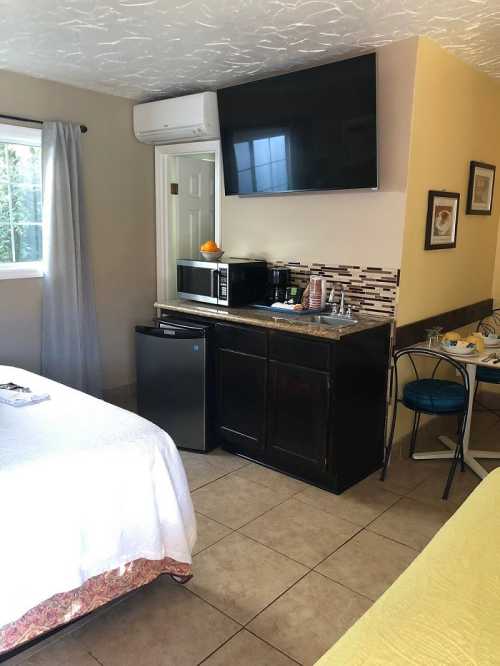 Cozy hotel room featuring a bed, kitchenette with microwave, mini fridge, and a wall-mounted TV.