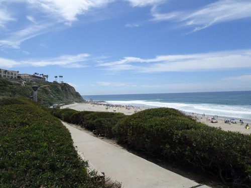 A scenic beach view with gentle waves, sandy shore, and lush greenery along a pathway under a blue sky.