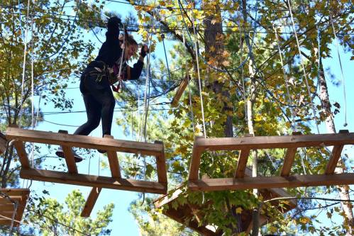 A person navigates a wooden obstacle course high in the trees, surrounded by autumn foliage.