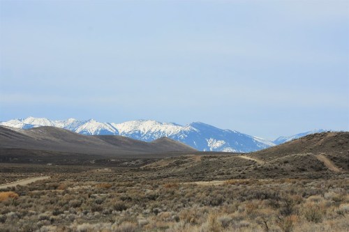 A scenic view of snow-capped mountains in the distance, with a rugged landscape and dirt paths in the foreground.