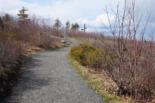 A winding gravel path leads through sparse vegetation and trees under a partly cloudy sky.