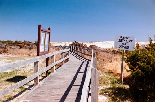 Wooden walkway leading to sandy dunes, with a sign that says "Please Keep Off the Dunes" on the right.