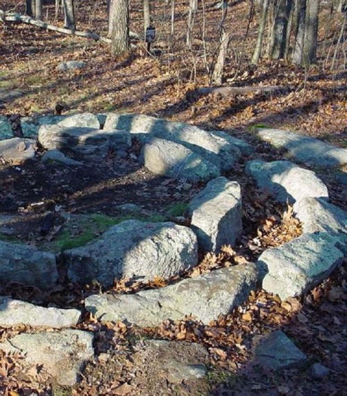 A circular stone arrangement in a wooded area, surrounded by fallen leaves and trees.