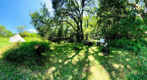 A serene campsite in a lush green area, featuring a tent, picnic table, and scattered chairs under tall trees.