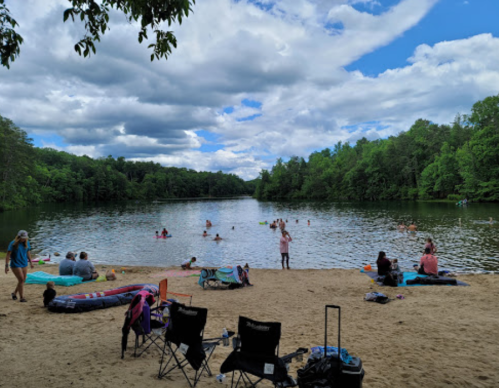 A sandy beach by a lake with people swimming and relaxing, surrounded by green trees and a cloudy sky.