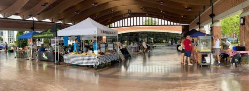 A vibrant farmers market under a spacious pavilion, featuring various vendor tents and shoppers browsing fresh produce.