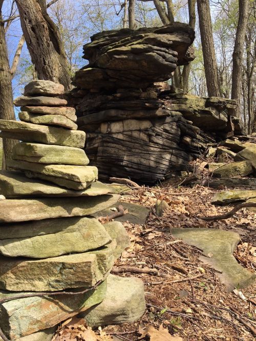 A stack of smooth stones beside a rocky outcrop, surrounded by trees and dry leaves on the forest floor.