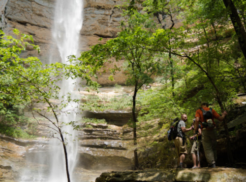 Hikers gather near a waterfall surrounded by lush greenery in a forested area.