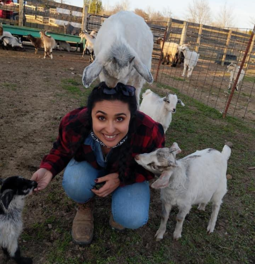 A woman crouches in a farmyard, smiling as goats interact with her, one standing on her head.
