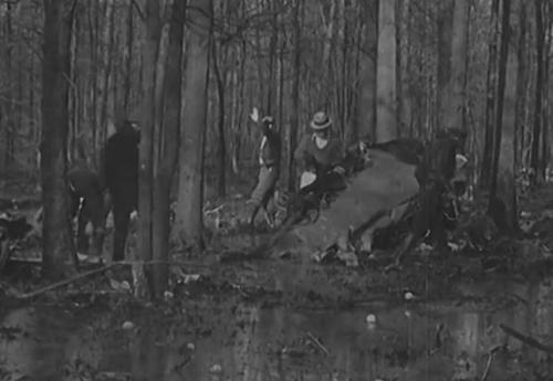 A black-and-white scene of people in a forest, examining debris among trees and a muddy area.