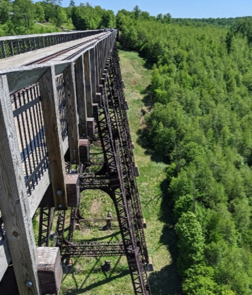 Aerial view of a tall, wooden trestle bridge overlooking a lush green landscape and trees below.