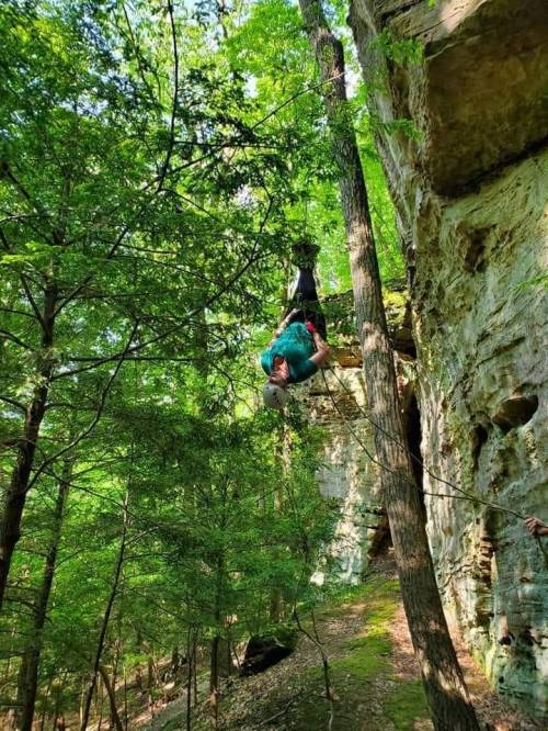A person hangs upside down from a tree branch in a lush green forest, surrounded by rocky cliffs and foliage.