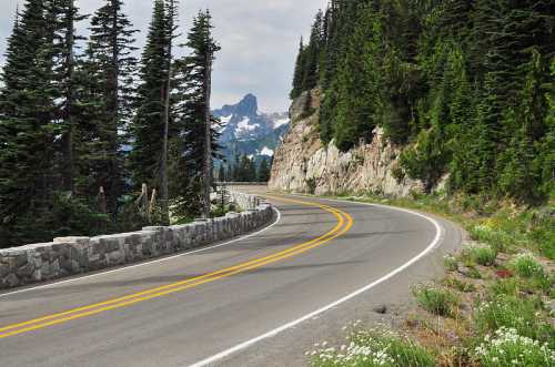 A winding road surrounded by tall trees and rocky cliffs, with snow-capped mountains in the background.