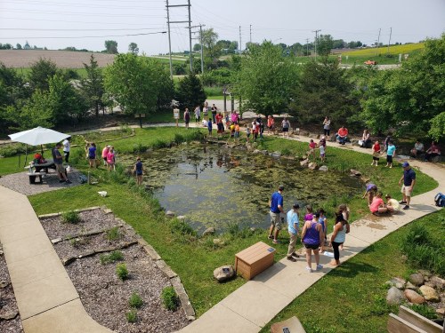 A group of people exploring a pond surrounded by greenery, with some sitting at picnic tables nearby.