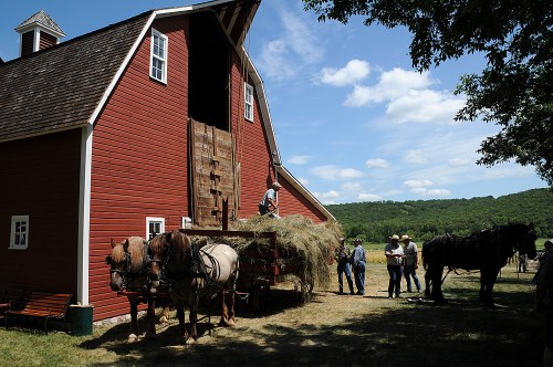 A red barn with horses and people nearby, unloading hay on a sunny day with green hills in the background.
