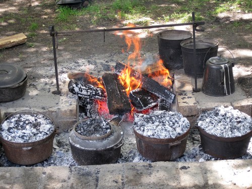 A campfire with flames, surrounded by pots and a metal rack, set in a natural outdoor environment.