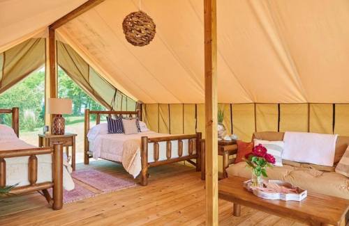 Cozy glamping tent interior with two beds, a sofa, and wooden decor, surrounded by natural light.