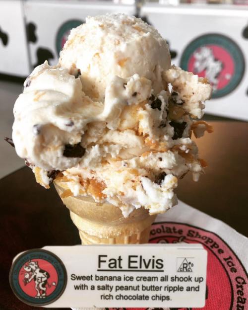 A cone of "Fat Elvis" ice cream featuring banana, peanut butter ripple, and chocolate chips, served with a descriptive label.