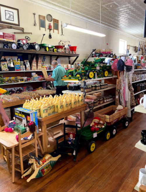 A cozy store interior filled with shelves of goods, toys, and jars, with a customer browsing in the background.