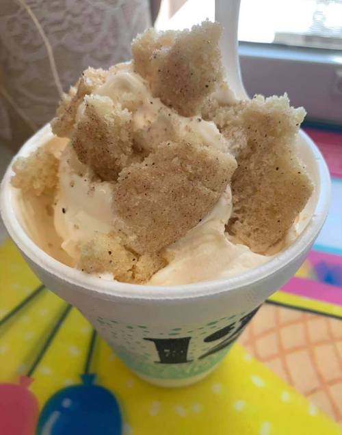 A cup of creamy ice cream topped with chunks of cake and a sprinkle of cinnamon.