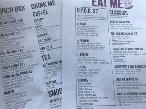 Menu featuring sections for Lunch Box, Drink Me, B.Y.O.B., and Classics with various food and drink options listed.